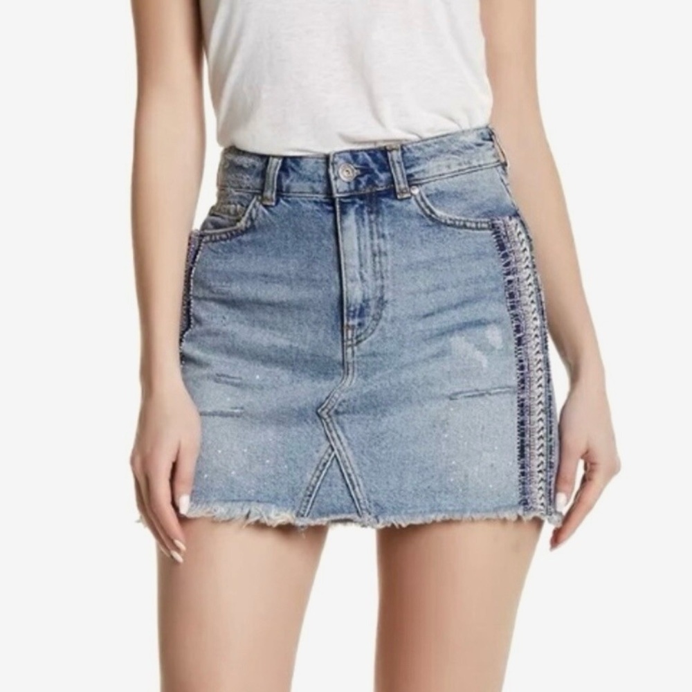 Free People Beaded Denim Skirt Size 4 Embellished Sequin Boho Festival Small